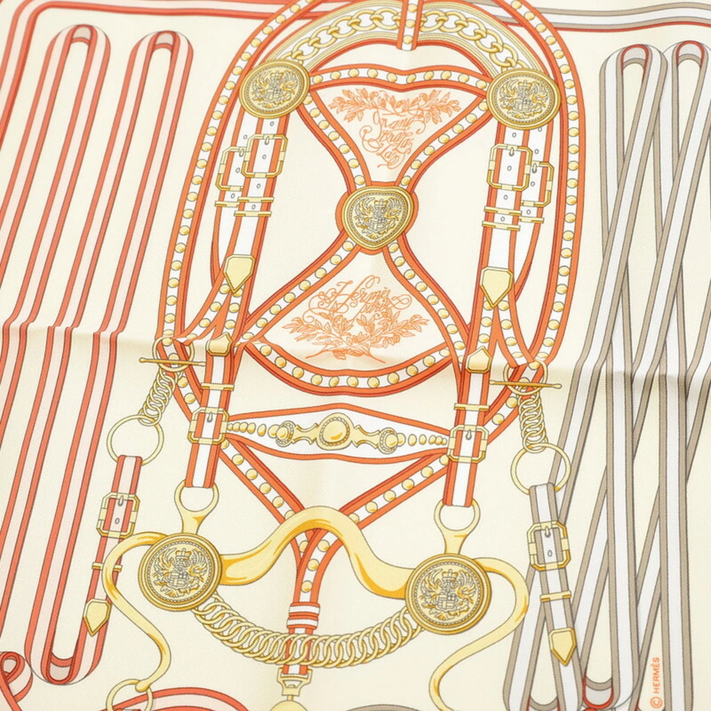 Pre-Owned Hermes Carre 45 Gavroche Scarf Grand Tralala White Cream Orange (Like New)
