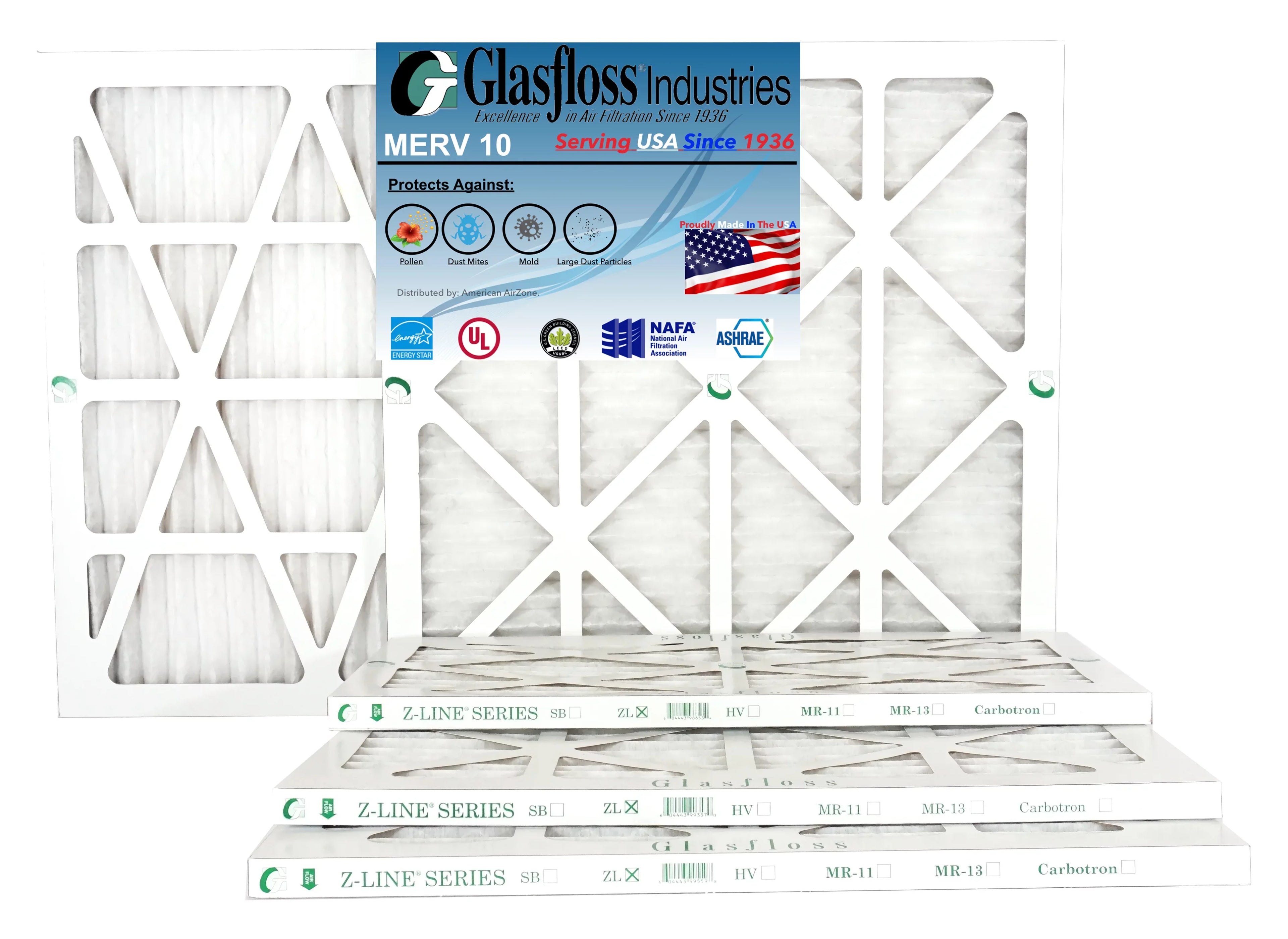 Glasfloss 18x36x1 - MERV 10 - Qty:4 - Furnace Air Filter - Made in USA (Actual Size: 17.5 x 35.5 x 7/8 inch)