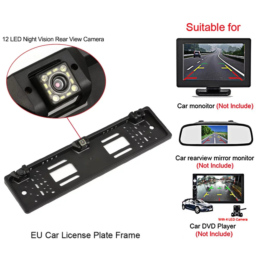 Dcenta European License Plate Frame Backup Camera 12 LED Rear View Camera with Reversing System Parking Sensor