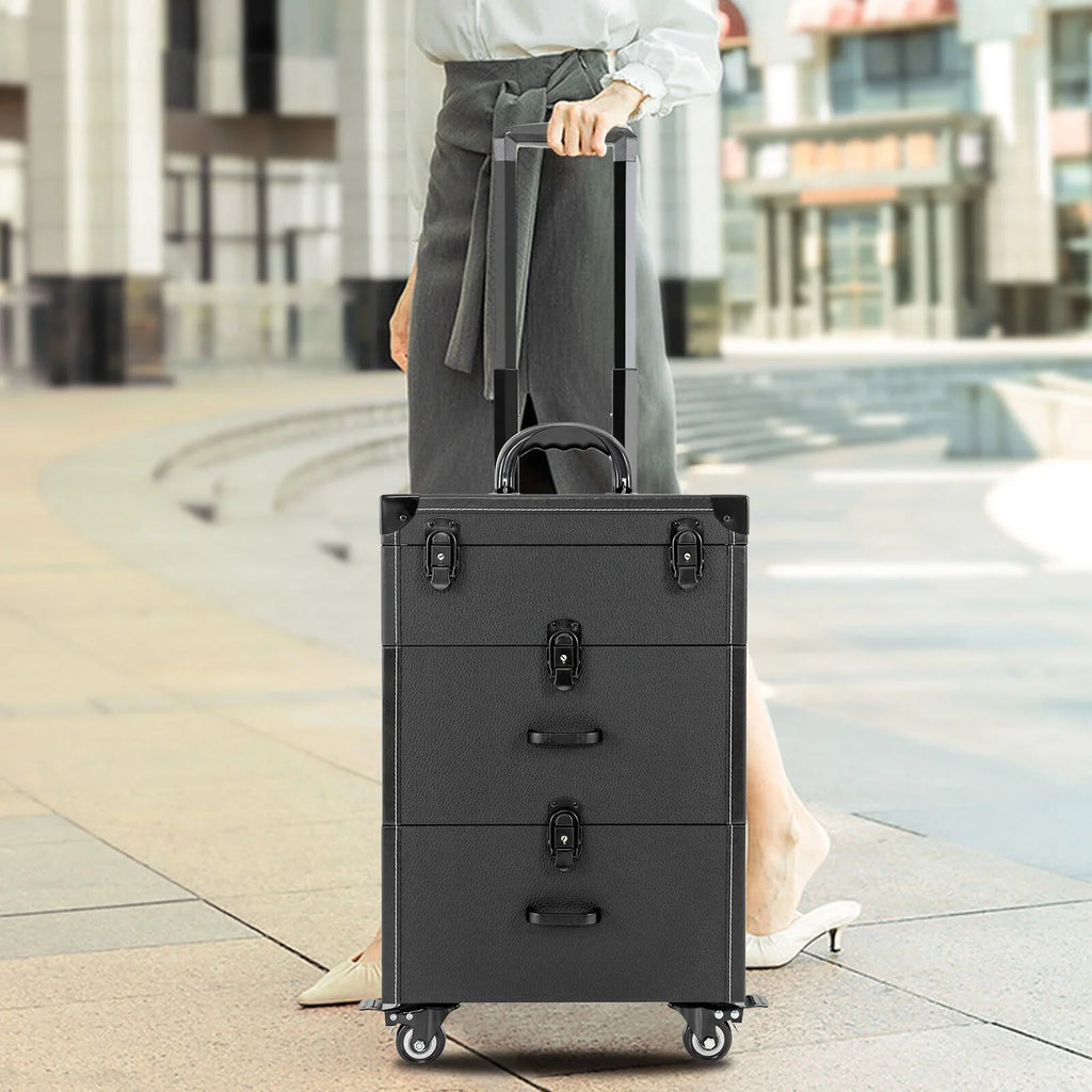 ZhdnBhnos Makeup Train Case Rolling Cosmetic Trolley Nail Polish Storage Organizer Luggage Box w/ 4 Wheels & Lock Midnight