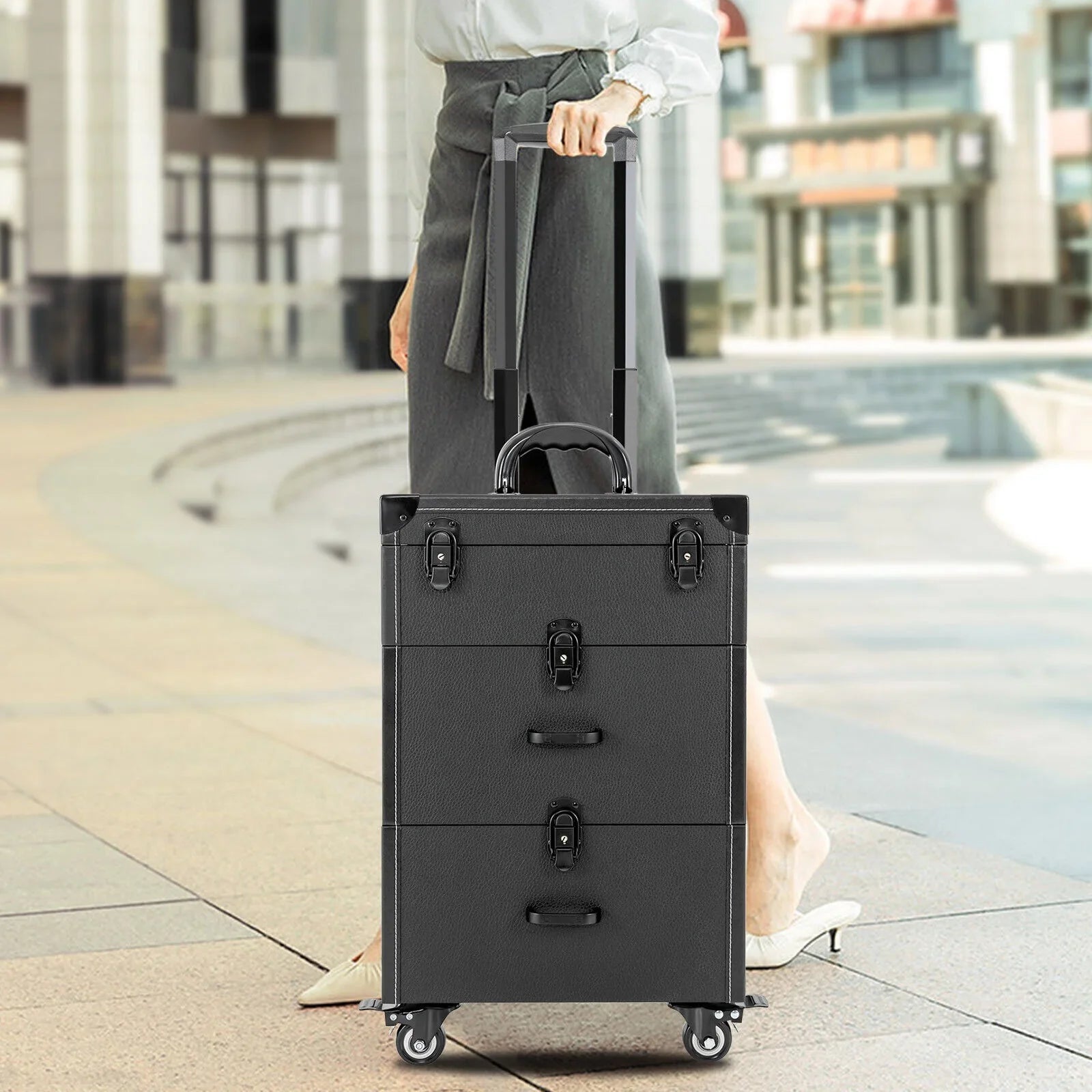 ZhdnBhnos Makeup Train Case Rolling Cosmetic Trolley Nail Polish Storage Organizer Luggage Box w/ 4 Wheels & Lock Midnight
