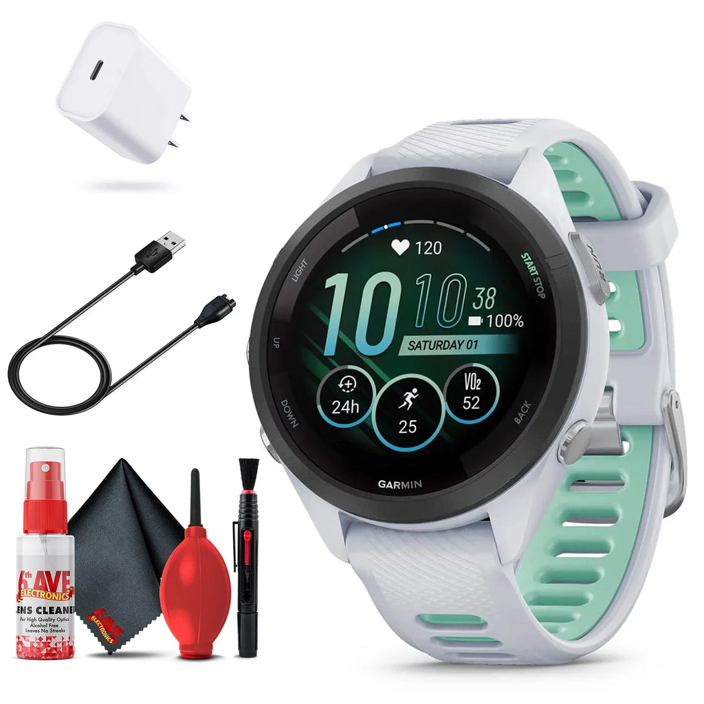 Garmin Forerunner 265S Smartwatch (White) Bundle with USB-C Charging Cable and Adapter, 6Ave Cleaning Kit, and Edge Protection