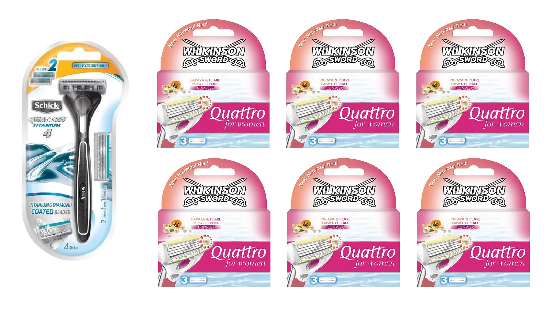 Schick Quattro Titanium 1 Razor with 2 Refill Blades and Wilkinson Quattro for Individuals Refill Blades, 18 count