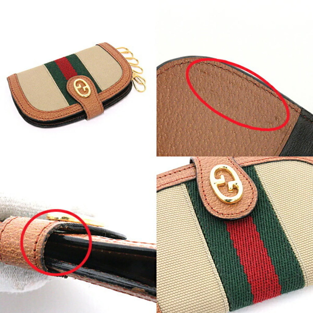 Pre-Owned Gucci GUCCI Old Sherry Line Key Case 6 Rows Beige Green/Red/Green Canvas/Leather Web Stripe (Good)