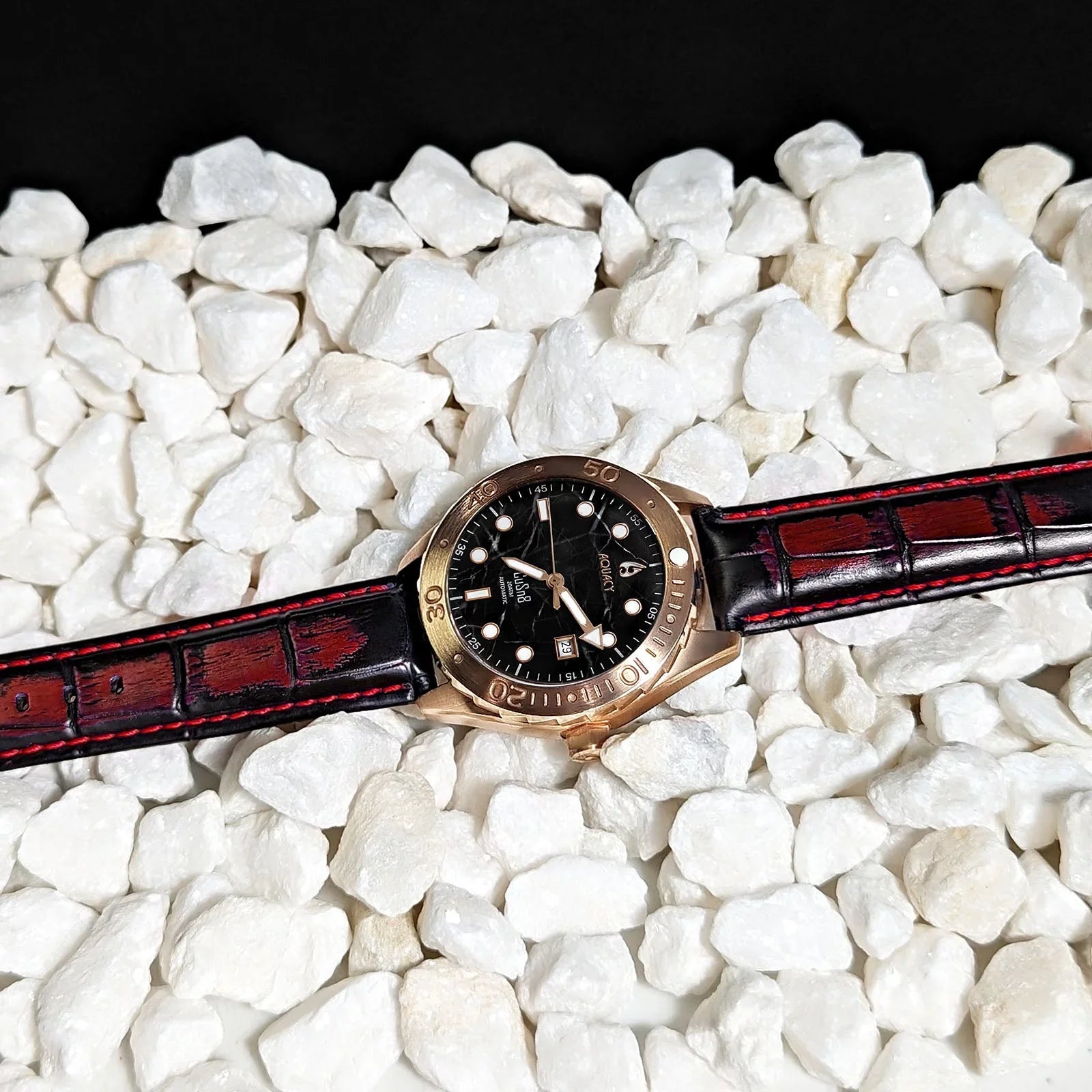 Aquacy Bronze CuSn8 Marble Automatic Diver Watch BR.BKM.8215.L - Screw Down 316L Stainless Case Back - 200M Water Resistance - 120 click Uni-Directional Bezel Dive Swimming Wrist Watches For People