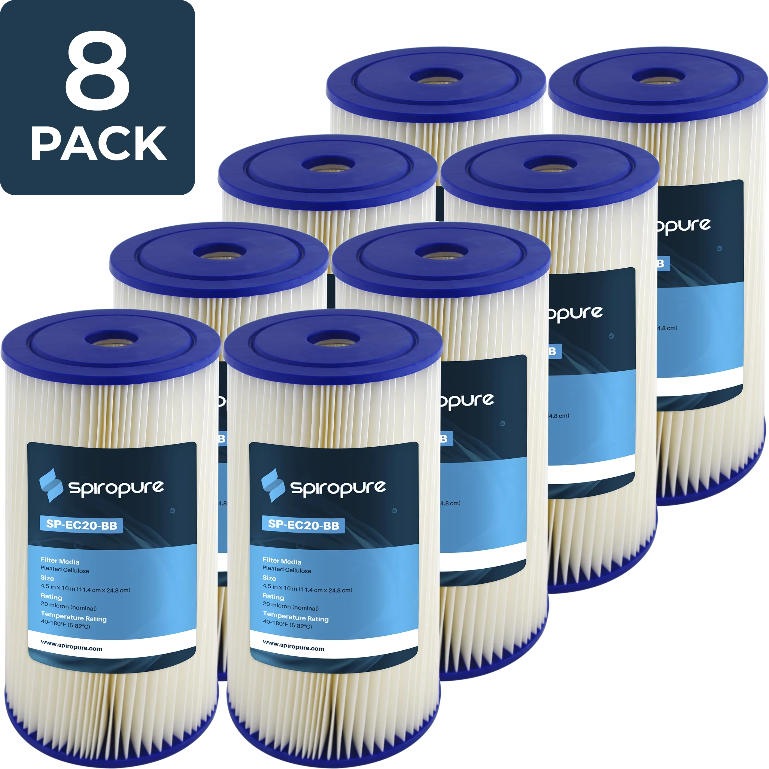 SpiroPure SP-EC20-BB 10x4.5 20 Micron Pleated Cellulose People Water Filter Cartridge ECP20-BB 255491-43 (Case of 8)