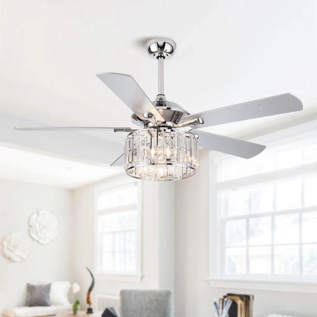 Parrot Uncle 52" Chrome Wooden 5-Blade Modern Crystal Ceiling Fan with Remote