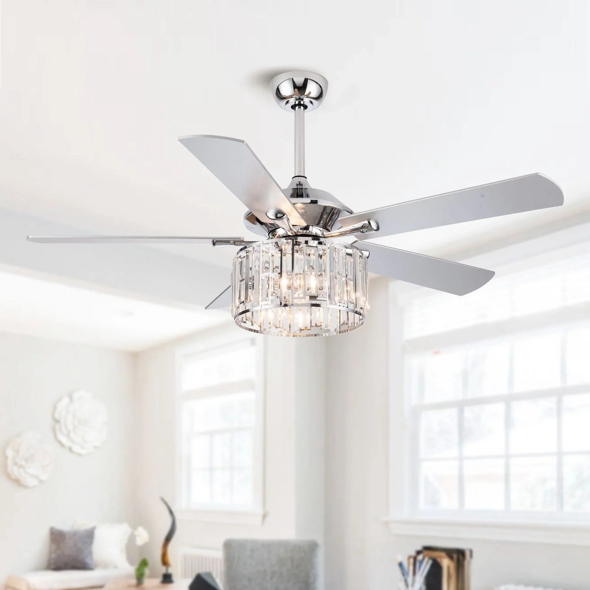 Parrot Uncle 52" Chrome Wooden 5-Blade Modern Crystal Ceiling Fan with Remote