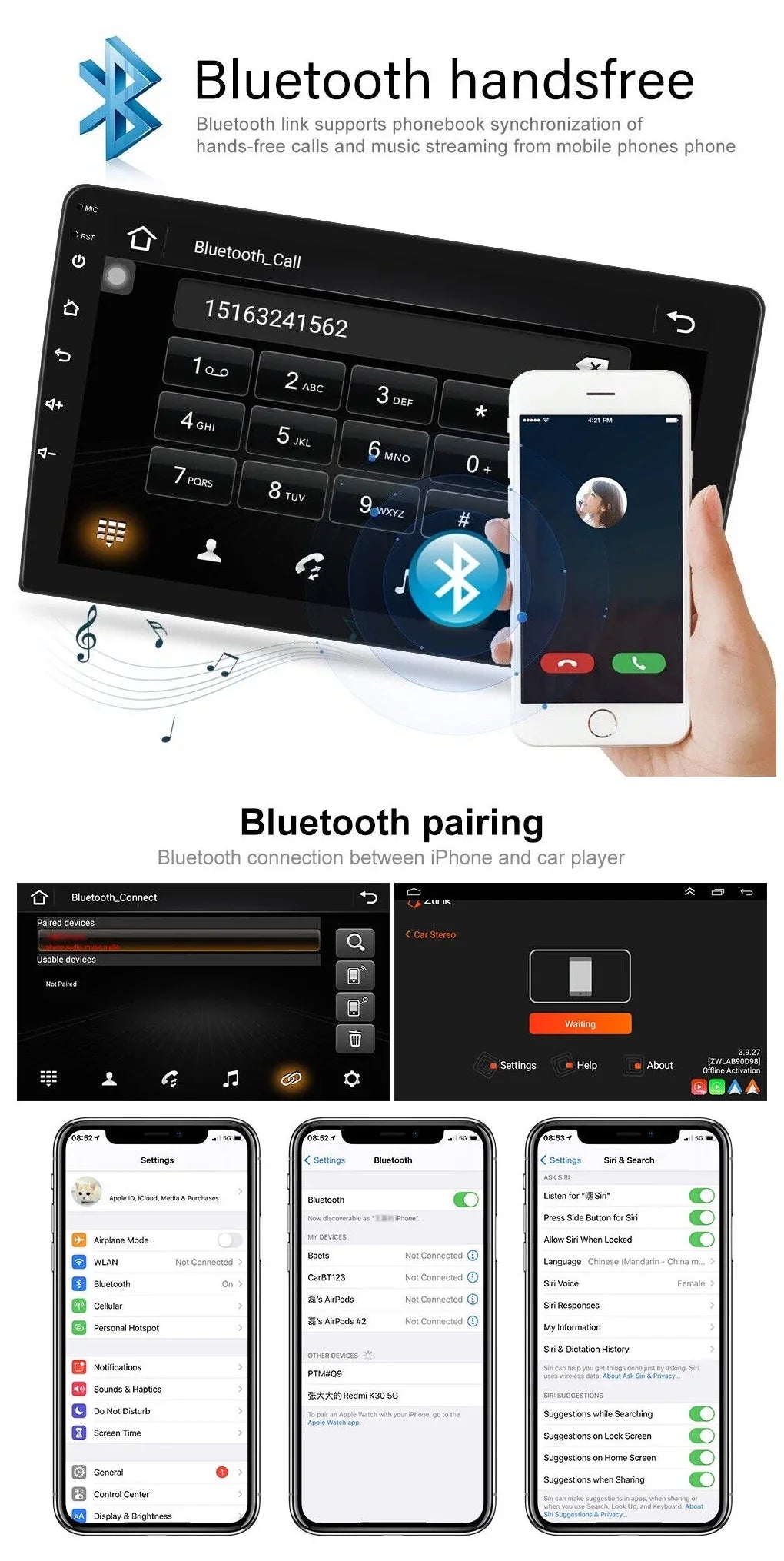 Android 2+32GB Car Stereo Wireless Carplay Android Auto Double Din Radio 9" 1280*720 IPS Screen WiFi GPS Navigation Bluetooth USB FM/RDS Receiver AHD Backup Camera