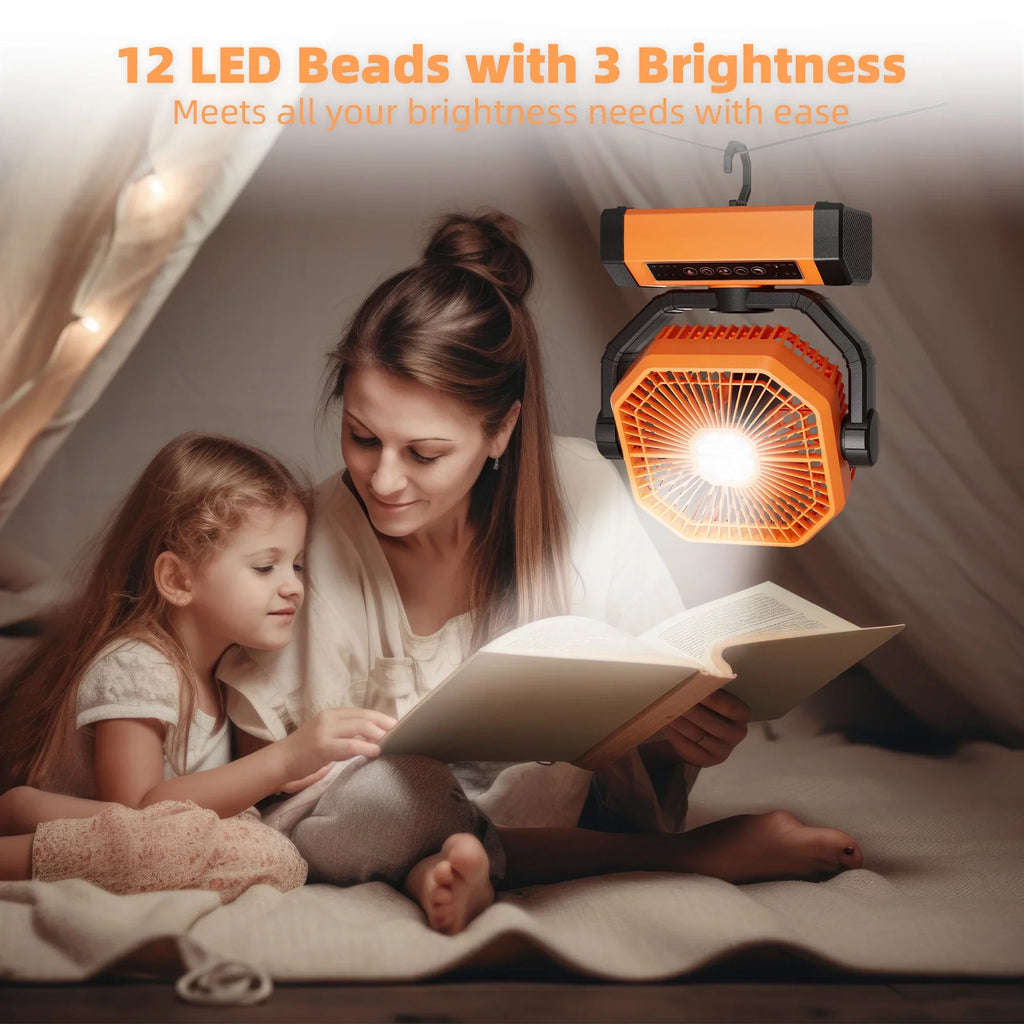 MORIKO Portable Cordless Fan 20000mAh Rechargeable Battery Powered Ventilator w/ LED Lantern, Remote, Hook, Timer, 270° Pivot 90° Oscillating 4 Speed Brushless Motor, Outdoor Jobsite Garage Patio Fan