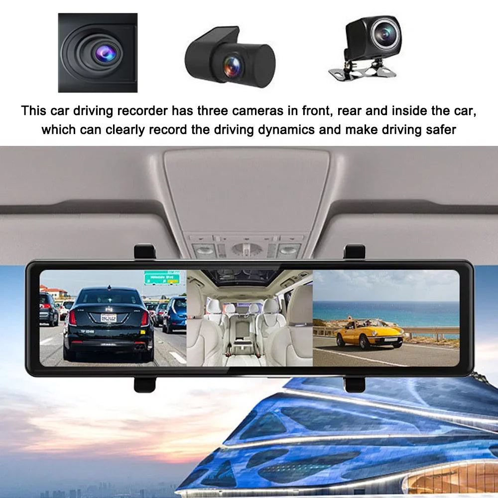 Carevas 3 Cameras Dash Cam 12in 2.5K Clear Car Rearview Mirror Car Video Recording Touched Screen Car Recorder Carplay Auto Driving Recorder