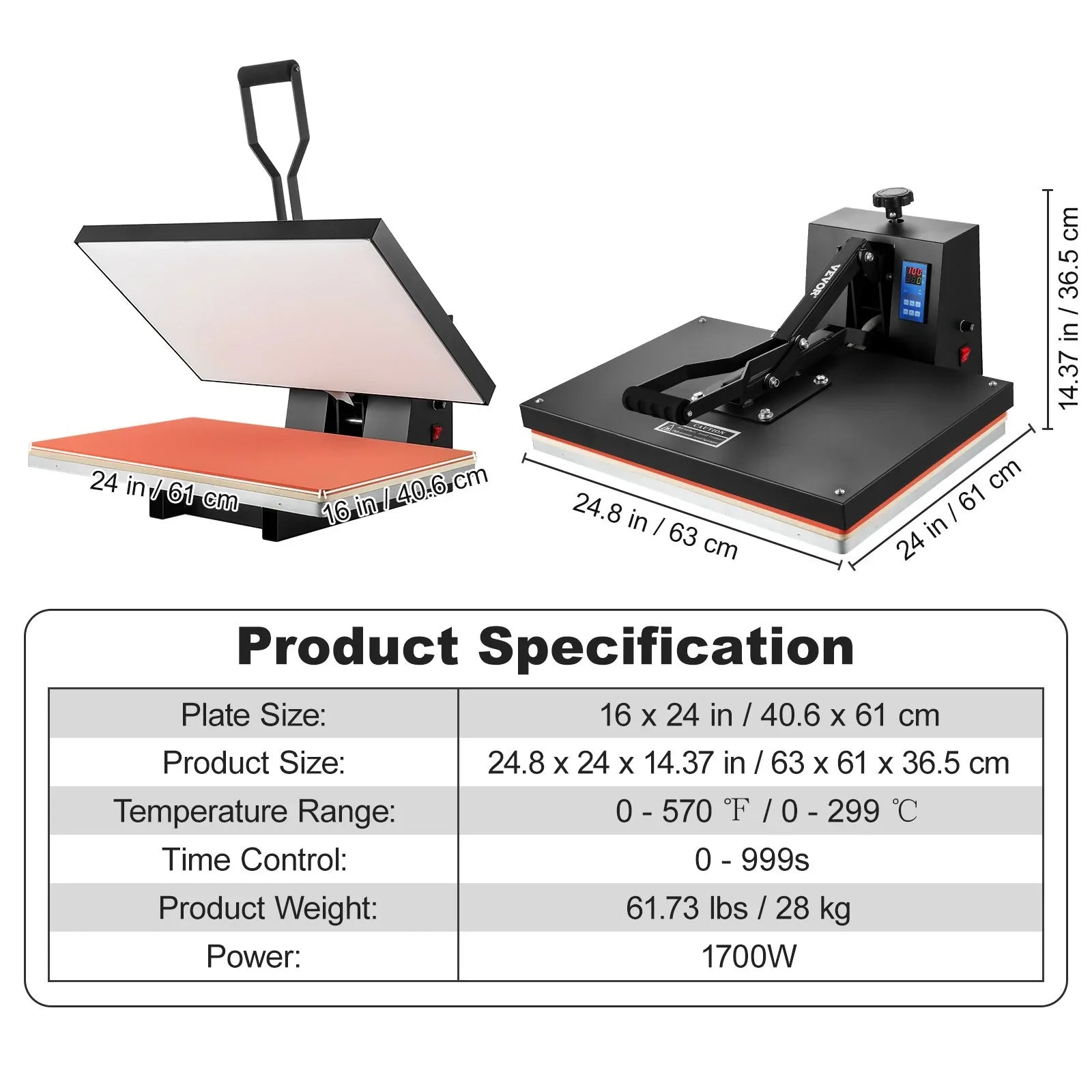 VEVOR 16x24 Heat Press Machine 1700W Power, Industrial Sublimation Printer for TShirt and Heat Transfer Vinyl, Easy to Use Digital Heat Press Ebony