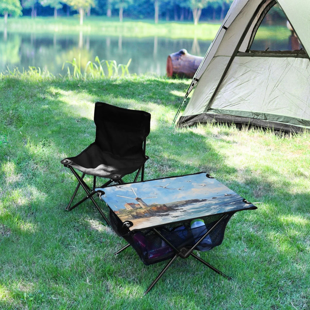 Landscape Paint Camping Foldable Portable Table Beach Table with Storage Bag Compact Picnic Table for Outdoor Hiking Fishing BBQ