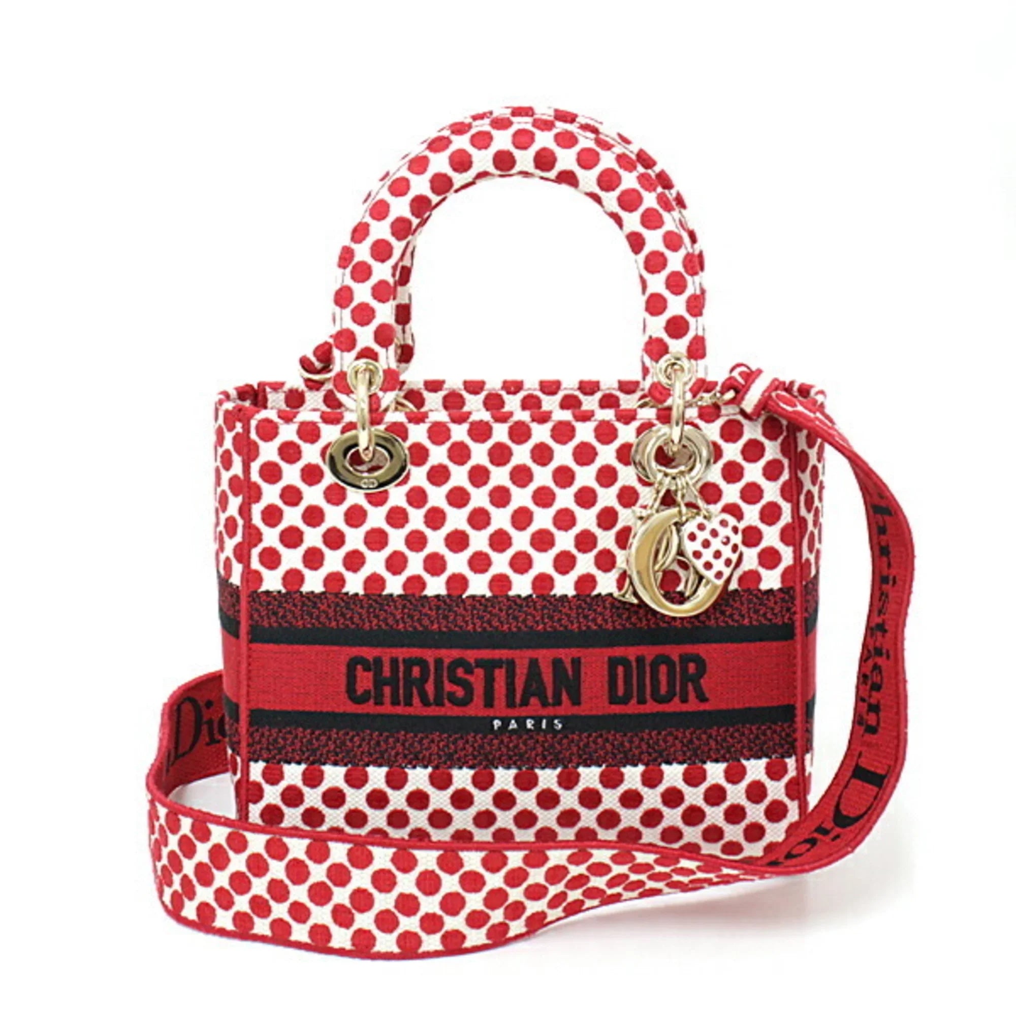 Pre-Owned Christian Dior DIOR Dior Amour Lady D-Lite Dee Light Mini Medium Bag Red x Polka Dot Canvas M0565OBBE_933U Handbag Shoulder (Like New)