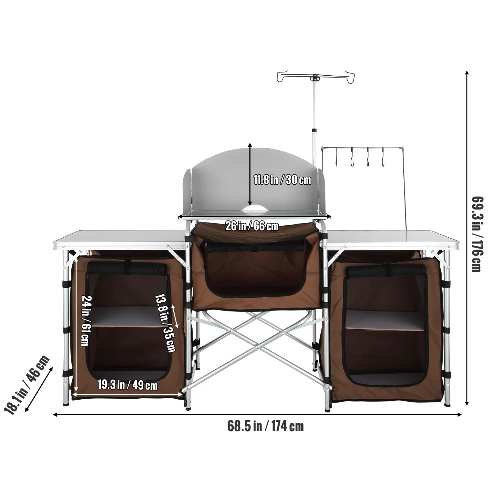 SKYSHALO Folding Portable Cook Table 3 Cupboards Brown Camping Kitchen Table