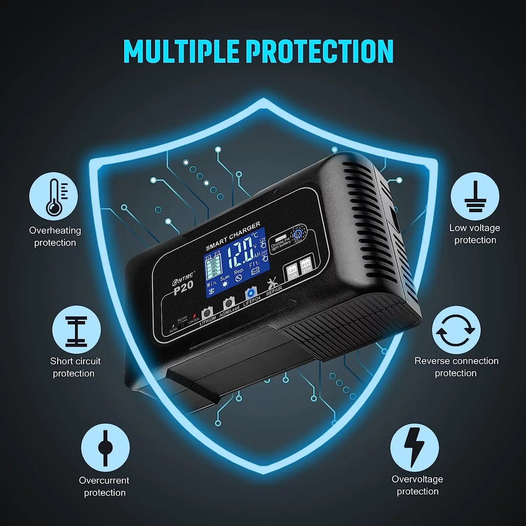 OIEXI 20-Amp Smart Battery Charger,Lithium,LiFePO4,Lead-Acid,Portable Car Battery Charger,Trickle Charger,Maintainer/Deep Cycle Charger,12V/20A and 24V/10A Adjustable,for Boat,Lawn Mower,Golf Cart..