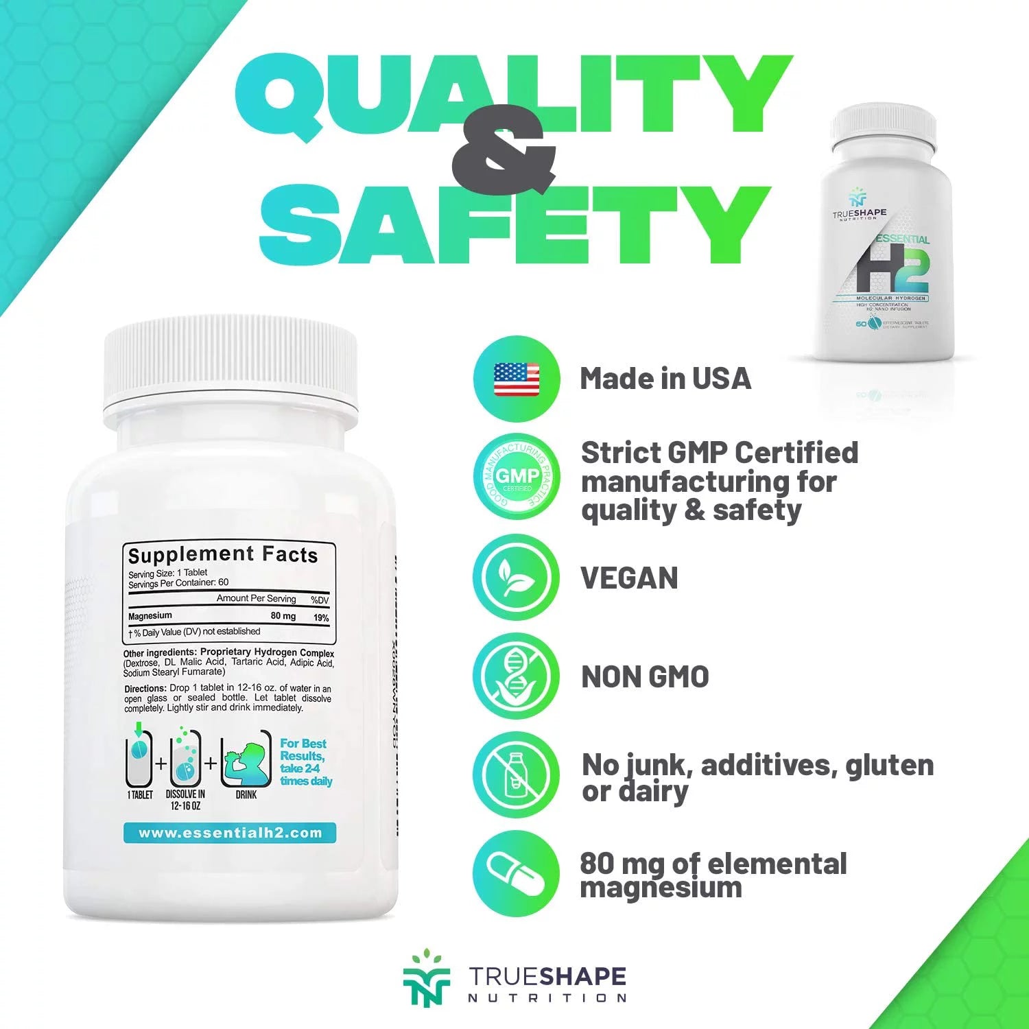 TrueShape Nutrition Essential H2 Fizzy Molecular Hydrogen Tablets for Water Nutritional Individuals (60 Servings)