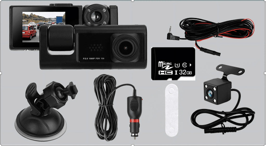 3 Channel Dash cam, 2-inch Screen Driving Recorder, High-Definition 1080P, Night Vision, Loop recording, Motion Detection, G-Sensor +32 GB SD Card