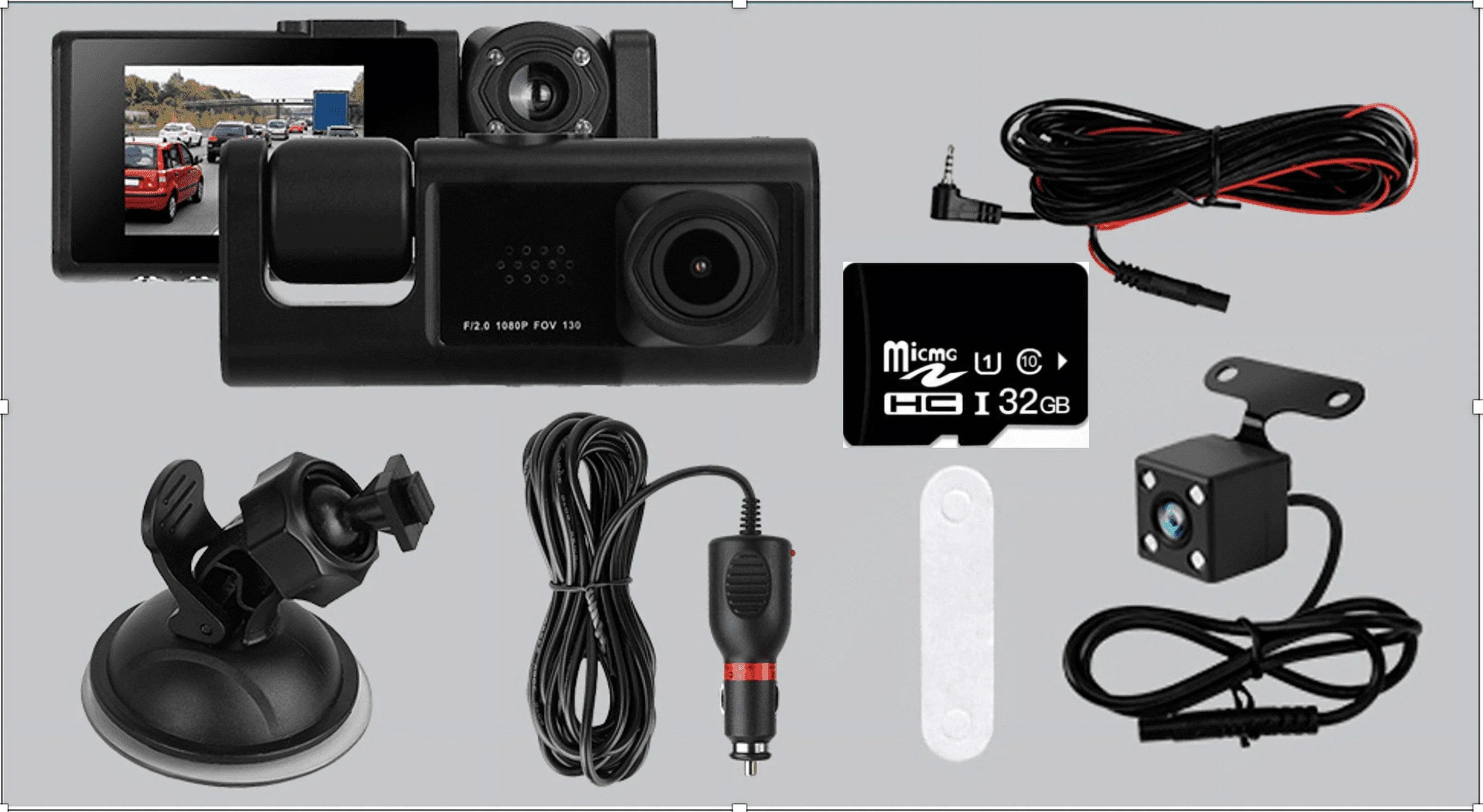 3 Channel Dash cam, 2-inch Screen Driving Recorder, High-Definition 1080P, Night Vision, Loop recording, Motion Detection, G-Sensor +32 GB SD Card