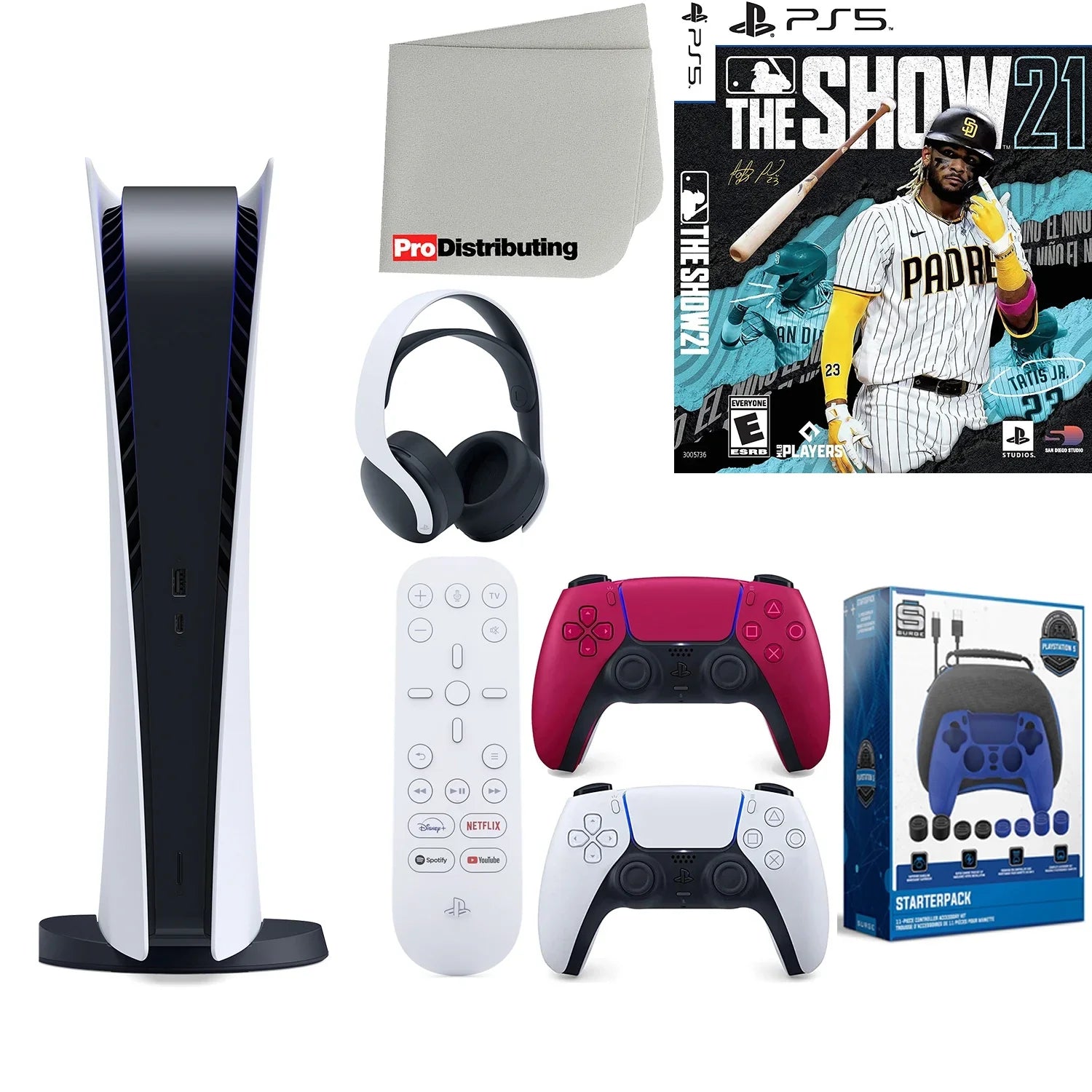 Sony Playstation 5 Digital Version (Sony PS5 Digital) with Cosmic Red Extra Controller, Headset, Media Remote, MLB The Show 21, Accessory Starter Kit and Microfiber Cleaning Cloth Bundle