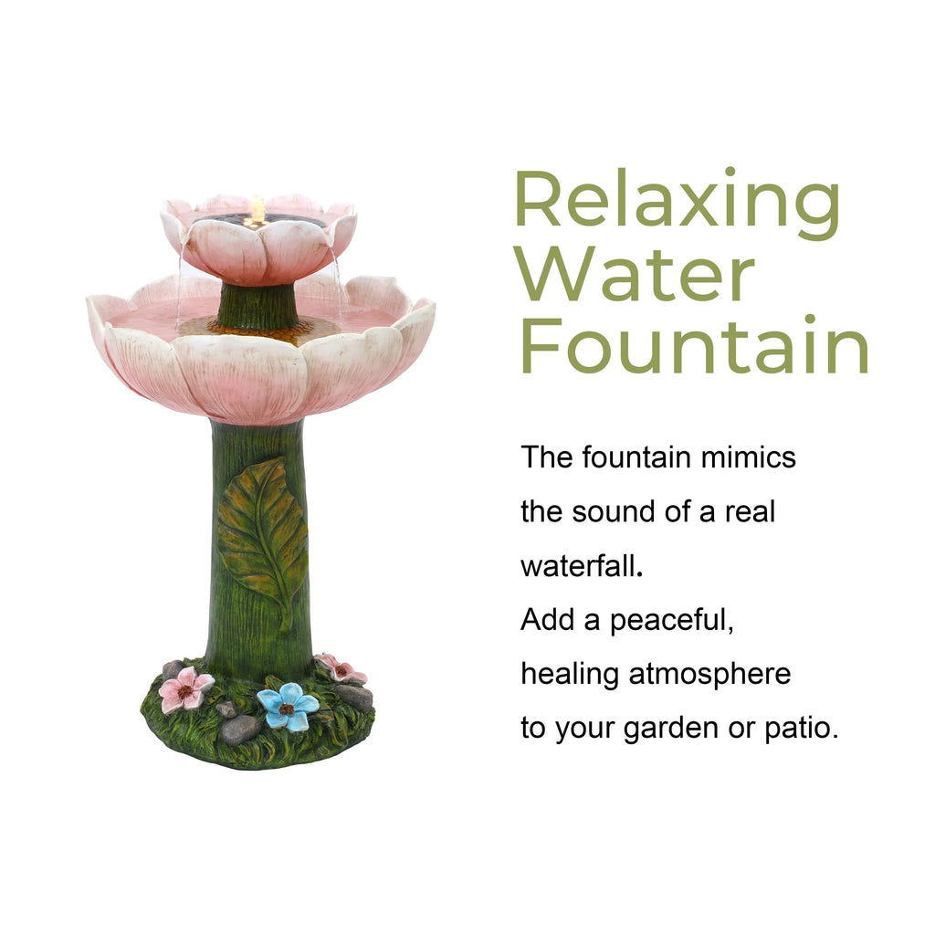 LuxenHome Solar Powered Pink Flower 2-Tier Resin Birdbath Fountain with Lights