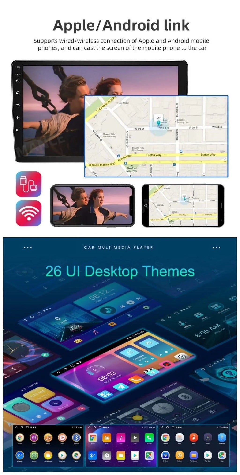 Android 2+32GB Car Stereo Wireless Carplay Android Auto Double Din Radio 9" 1280*720 IPS Screen WiFi GPS Navigation Bluetooth USB FM/RDS Receiver AHD Backup Camera