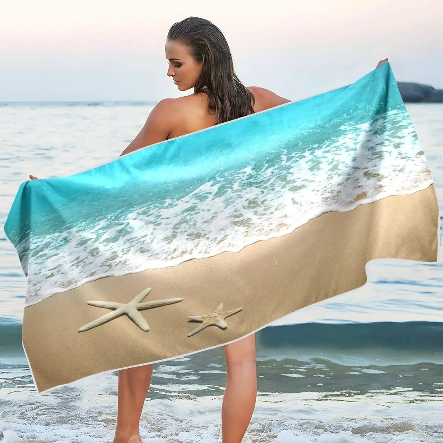 Bestwell Sea Beach Starfish Beach Towel Oversized Towel Blanket, Thin Lightweight Microfiber Sand Free Quick Dry Towel, 31”X71” Multipurpose Pool Bath Yoga Swim Shower Towel