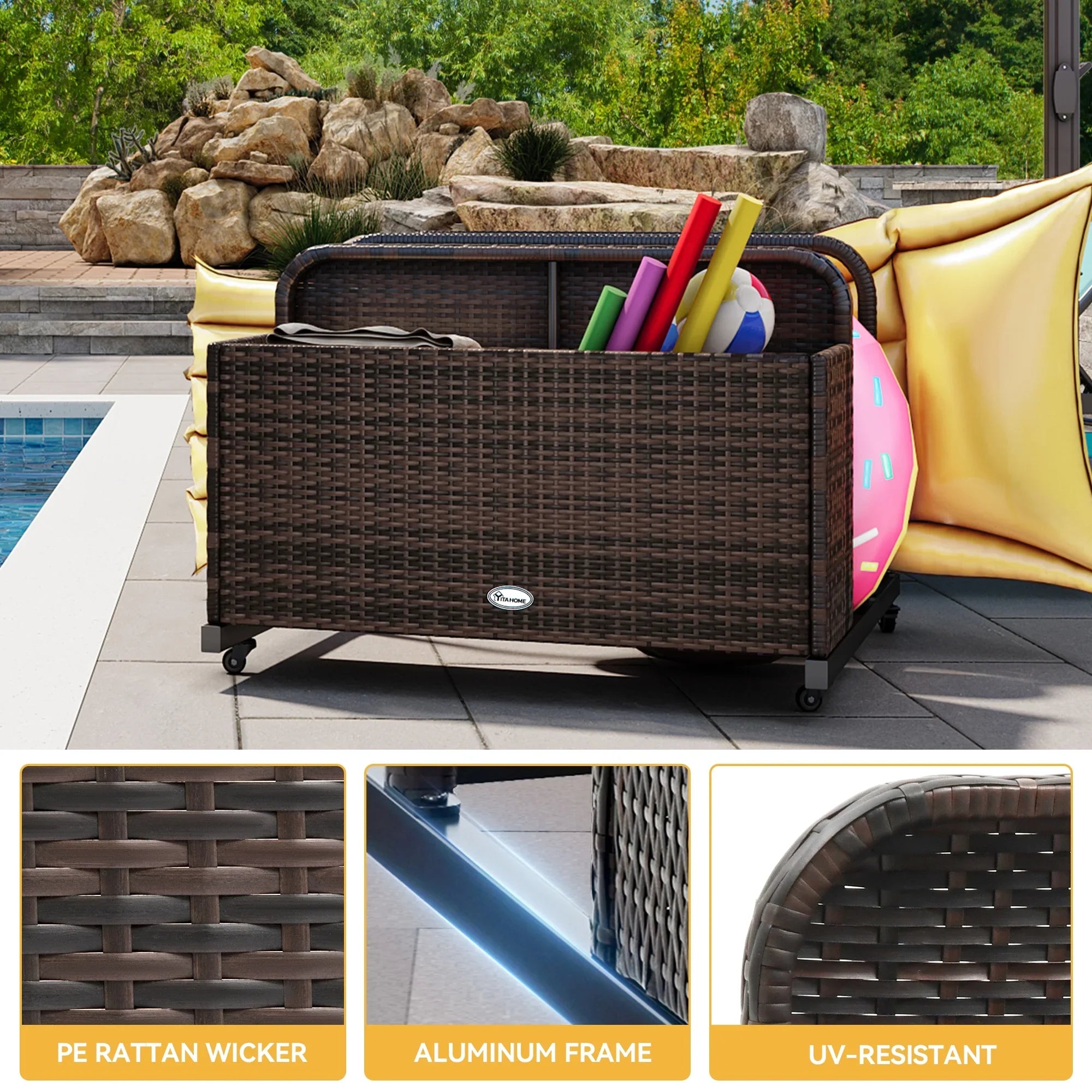 Dextrus Outdoor Wicker Patio Poolside Float Storage Basket, PE Rattan Outdoor Pool Caddy with Rolling Wheels,Brown