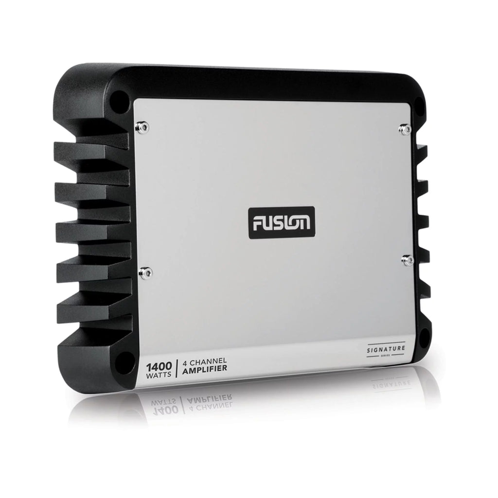 Fusion SG-FLT772SPW 7.7'' Sports White Tower Speaker with Fixed Clamps and SG-DA41400 4-Channel Amplifier