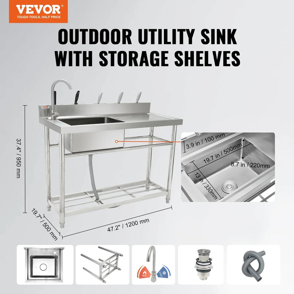 BENTISM Stainless Steel Utility Sink Single Bowl w/Workbench 47.2x19.7x37.4 in