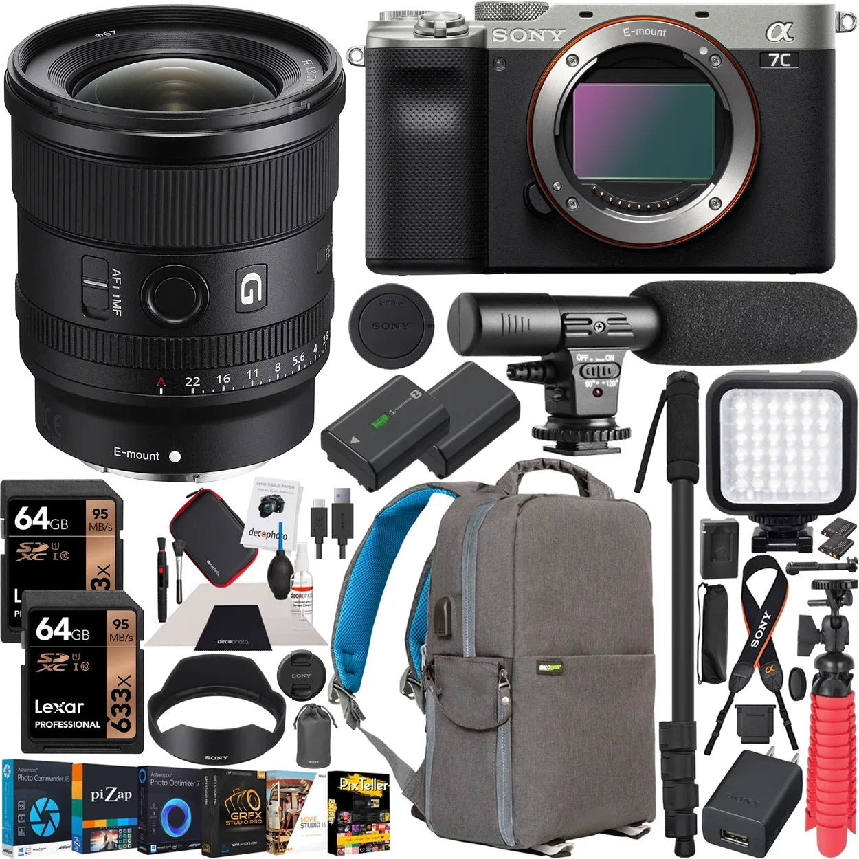 Sony a7C Mirrorless Full Frame Camera Body with Sony FE 20mm F1.8 G Lens SEL20F18G Silver ILCE7C/S Bundle with Deco Gear Photography Backpack Case , Software and Accessories