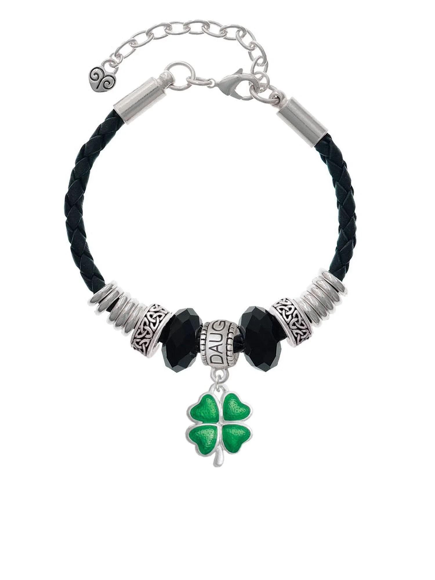 Delight Jewelry Silvertone Translucent Green Lucky Four Leaf Clover Daughter Celtic Knot Leather Bead Bracelet, 7"+2" Final Point