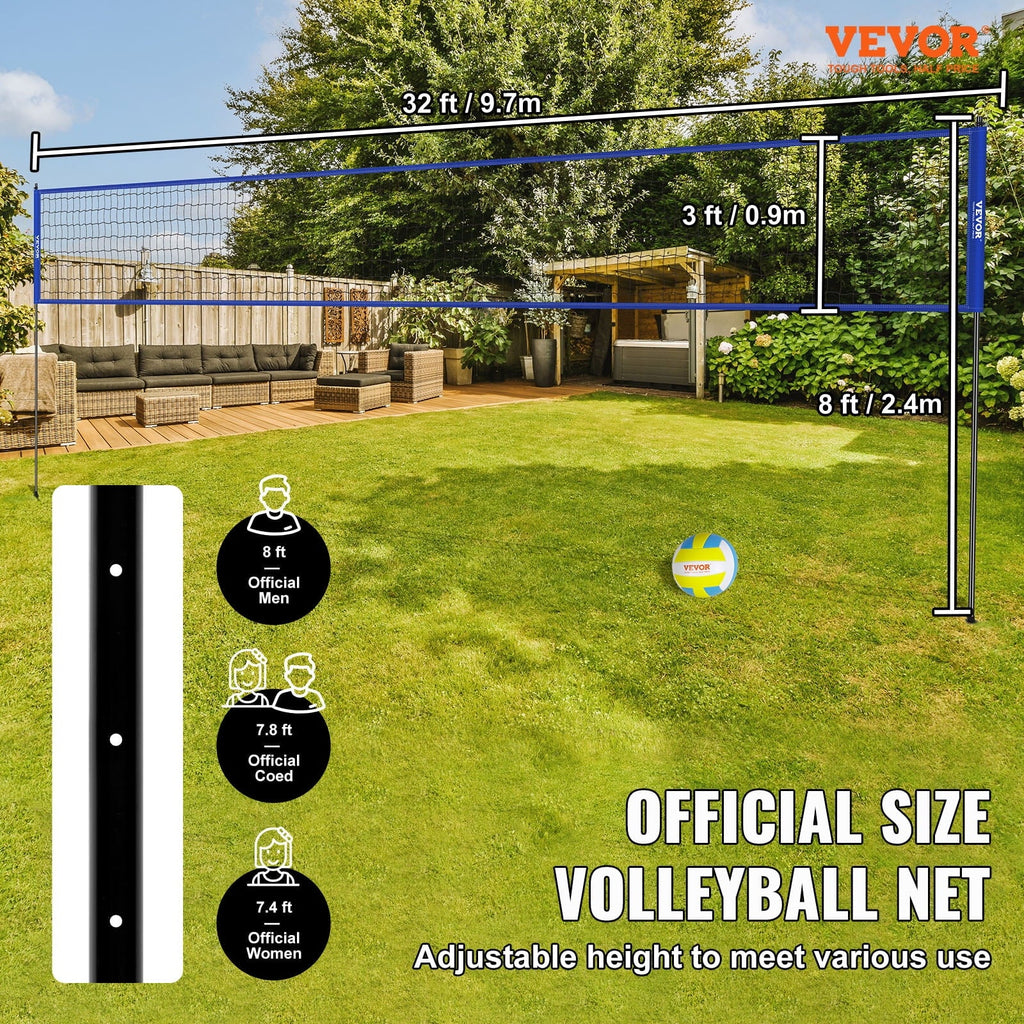 BENTISM 32ft x 3ft Portable Volleyball Net System Adjustable Height Poles with PVC Volleyball, Carrying Bag, Boundary Lines, Steel Poles & Pump for Outdoor Sports