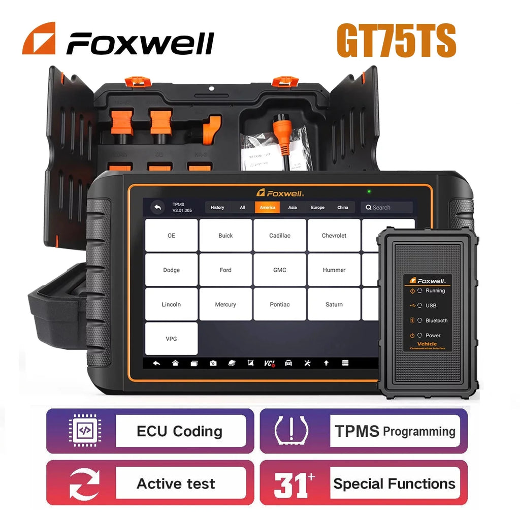 Foxwell GT75TS OBD2 Scanner Automotive Bidirectional Diagnostic Tool Professional ECU Coding Active Test TPMS Programming Tool Car Code Reader All System Scanner with 36 Reset Services EOBD OBD Tool