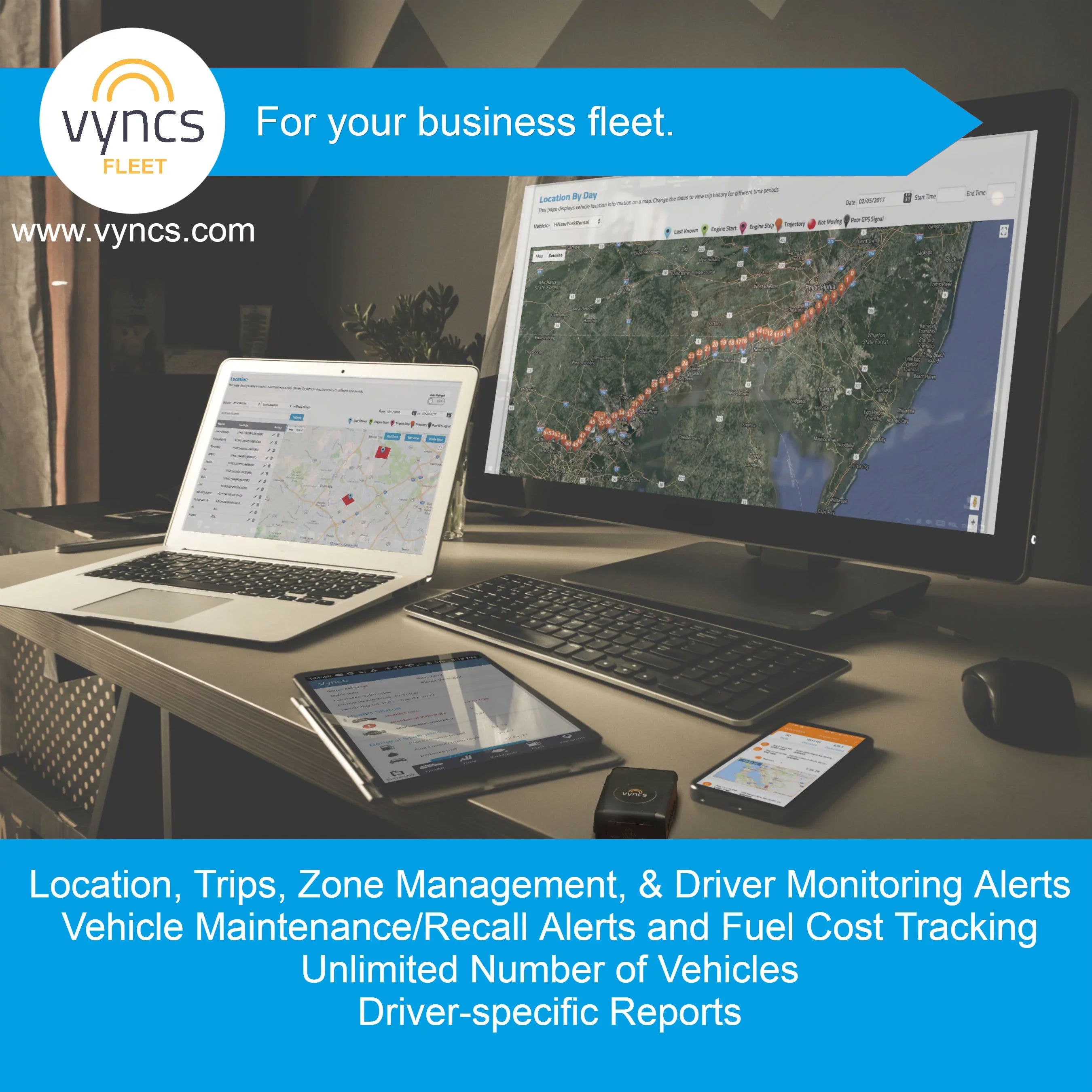 Vyncs Fleet: GPS Tracker No Monthly Fee, 4G LTE OBD, Real Time Fleet Car/Truck Tracking, SIM, Free 1 Year Data Plan, Trips, Vehicle Diagnostics, Driver Safety Alerts, Fuel Report, Emission Report