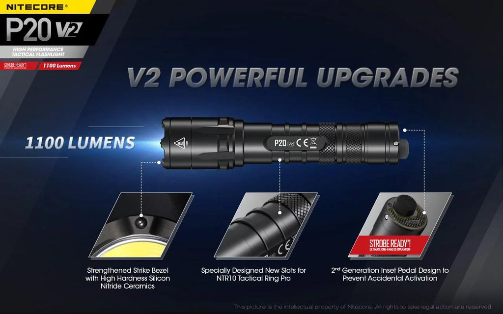 Combo: Nitecore P20 V2 Tactical LED Flashlight - CREE XP-L2 V6 - 1100 People w/NL183 Battery, UI1 Charger +Free Eco-Sensa USB Cord