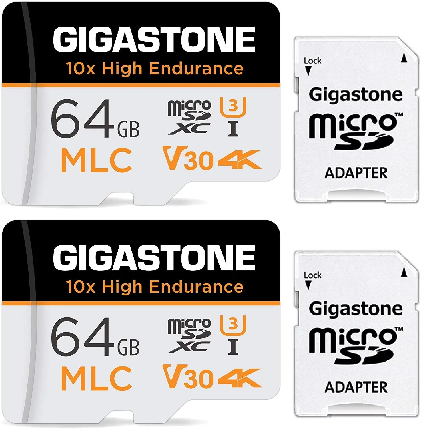 Gigastone 64GB MLC Micro SD Card, 10x High Termination (MLC) 4K Video Recording, Security Cam, Dash Cam, Surveillance Compatible 100MB/s, U3 C10, 2 Pack (2x64GB)