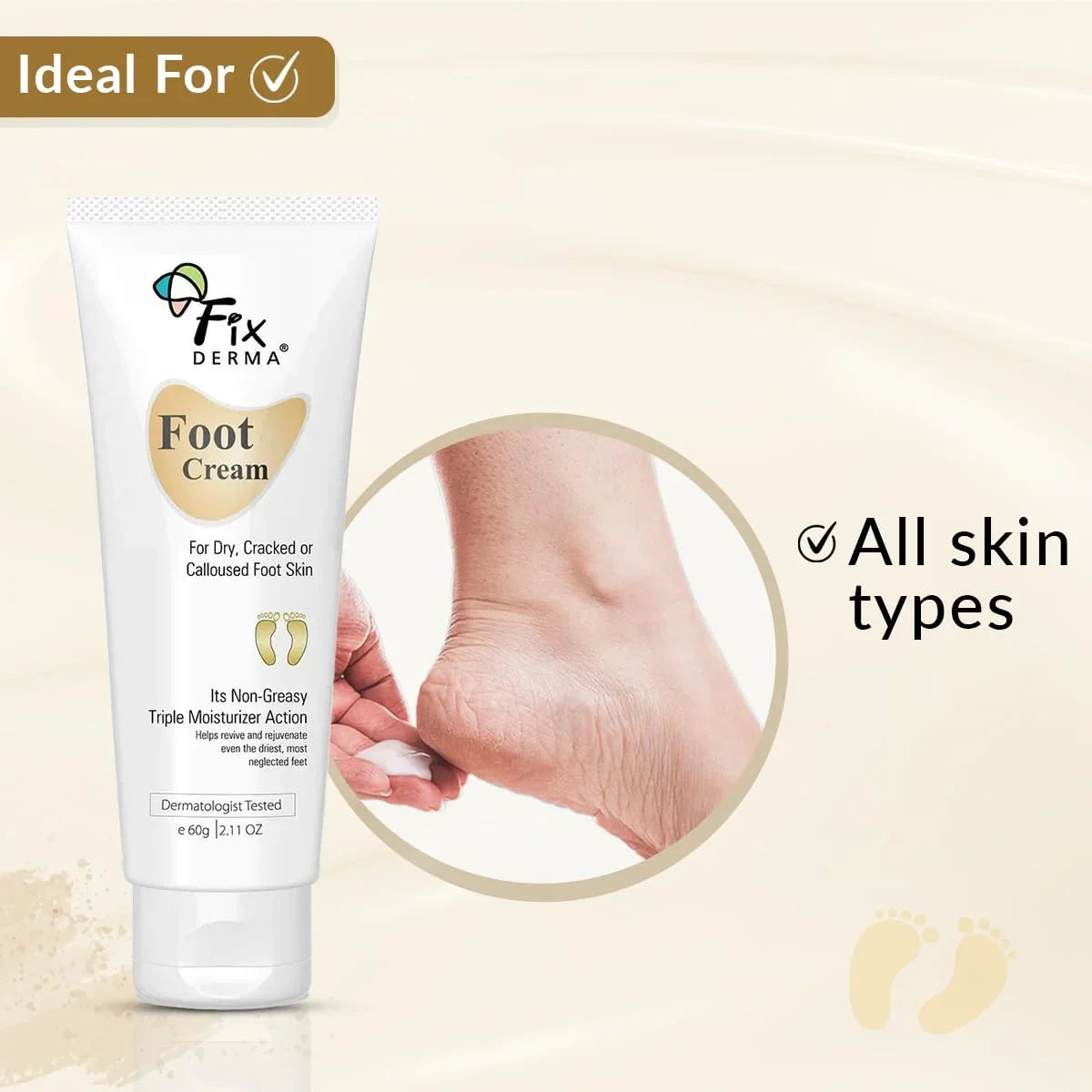 Fixderma 5% Lactic Acid, 15% Urea, 3% Glycerine, Foot Cream For Dry & Cracked Feet, Moisturizes and Soothes Feet, Heel Repair Paraben & Sulphate Free, All Skin Types 60 ML