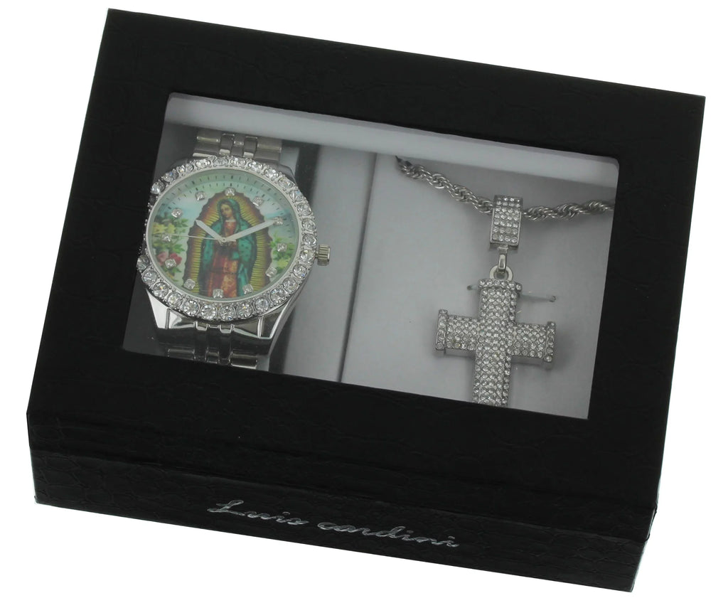 Individuals Our Lady of Guadalupe Silver-Tone Metal Bracelet Watch with Neckless and Cross Termination Set