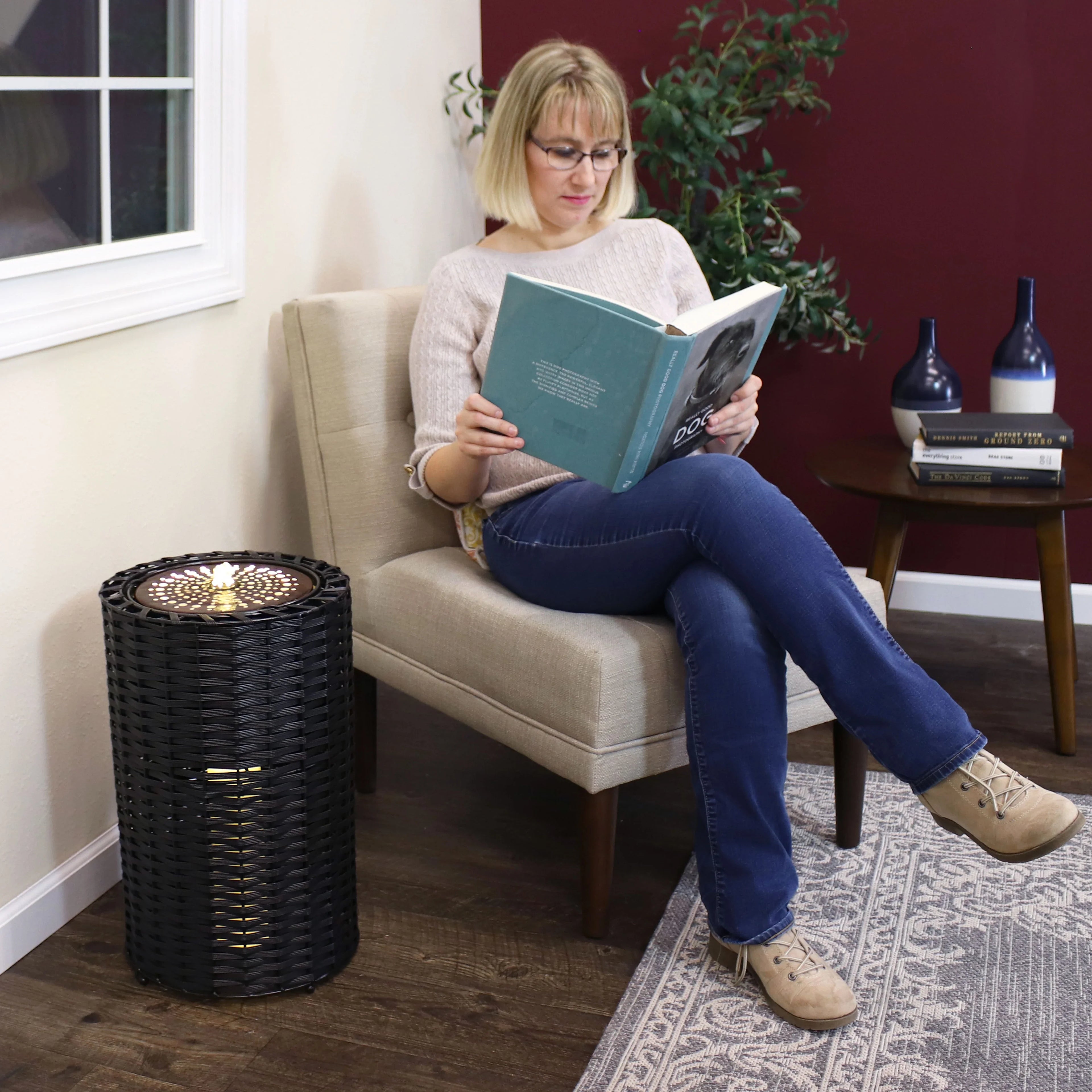 Sunnydaze Plastic Wicker Cylinder Fountain with LED Lights - 20.5"