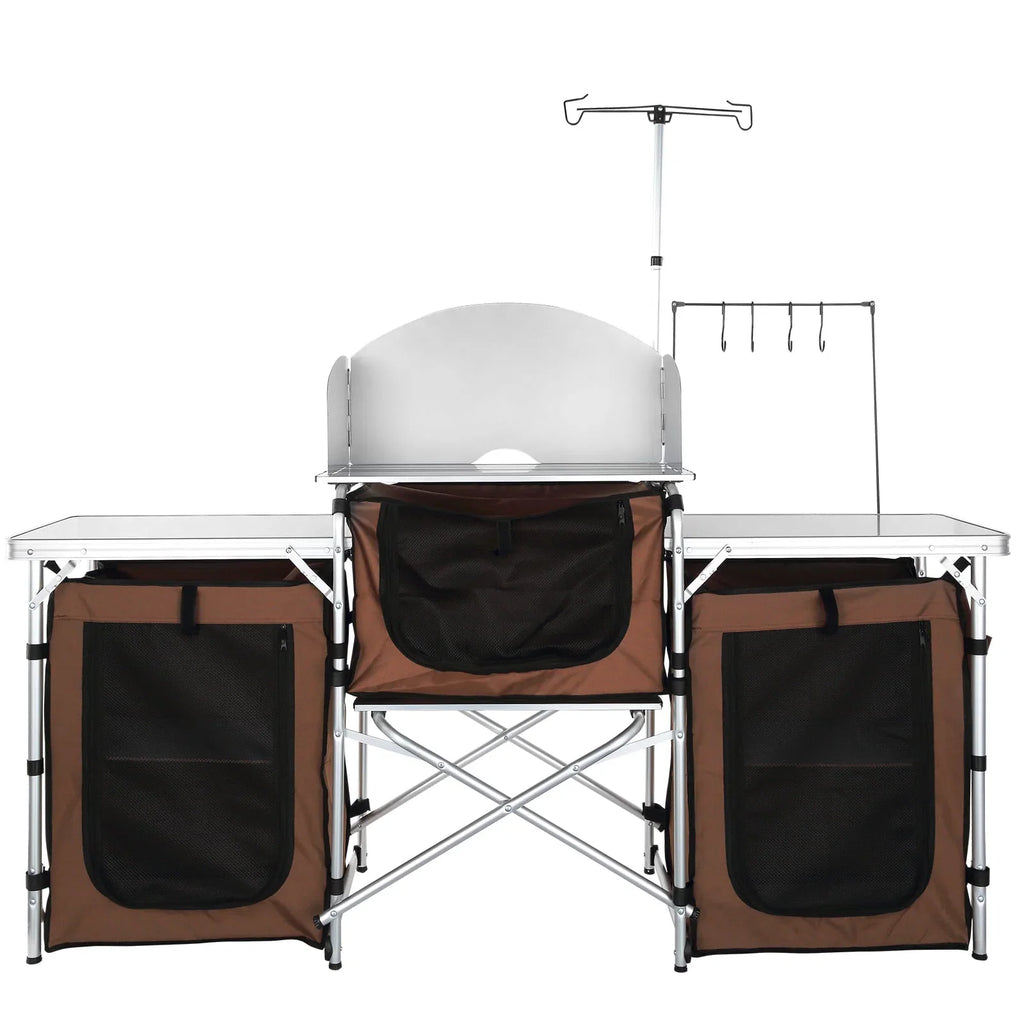 SKYSHALO Folding Portable Cook Table 3 Cupboards Brown Camping Kitchen Table