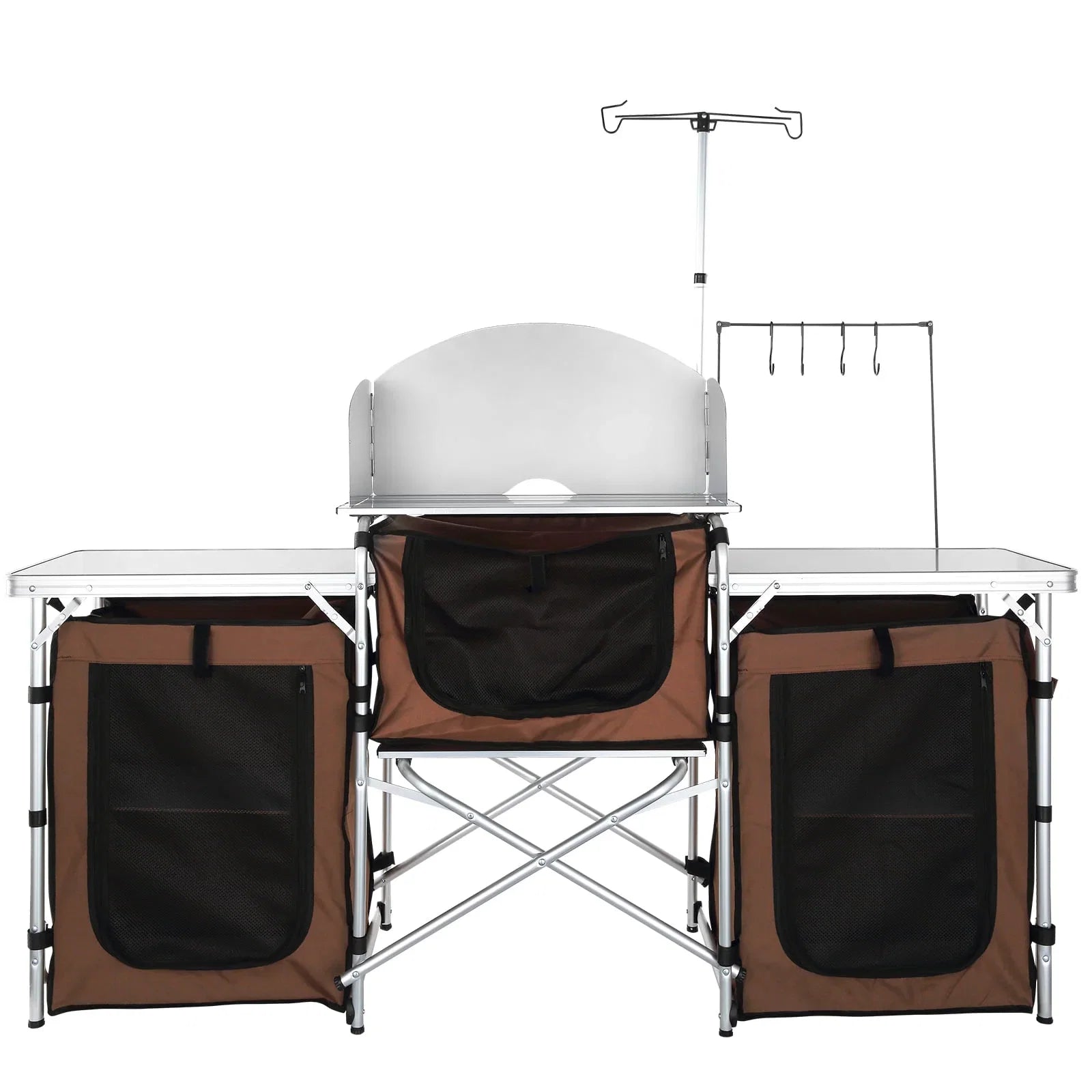 SKYSHALO Folding Portable Cook Table 3 Cupboards Brown Camping Kitchen Table