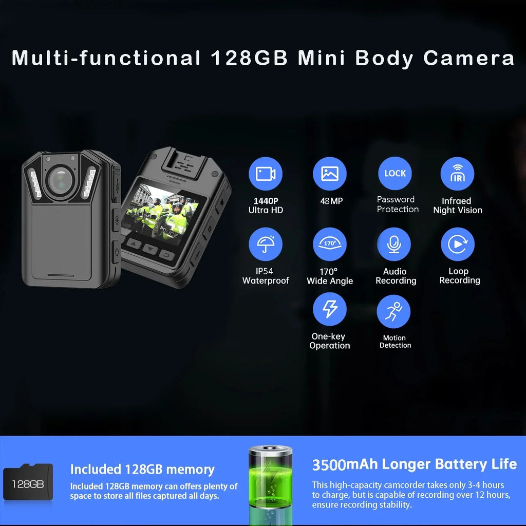 RONY 1440P Mini Body Camera - 128GB Wearable Police Body Camcorder with Night Vision - Waterproof Body Cam with Audio and Video Recording for Law People Security Guard Home