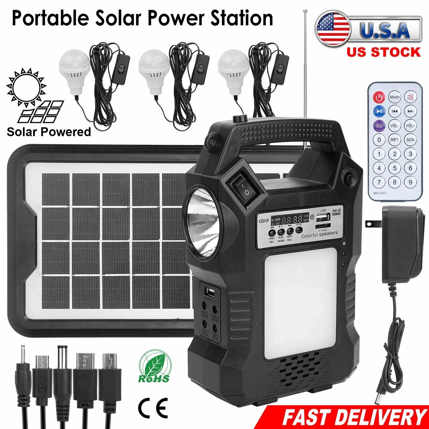 MDHAND Portable Solar Powered Station, Rechargeable Solar Generator, Dual Way To Charge, Solar Panel Power Bank with 3 LED Bulbs Flashlight for Hiking Camping Emergency
