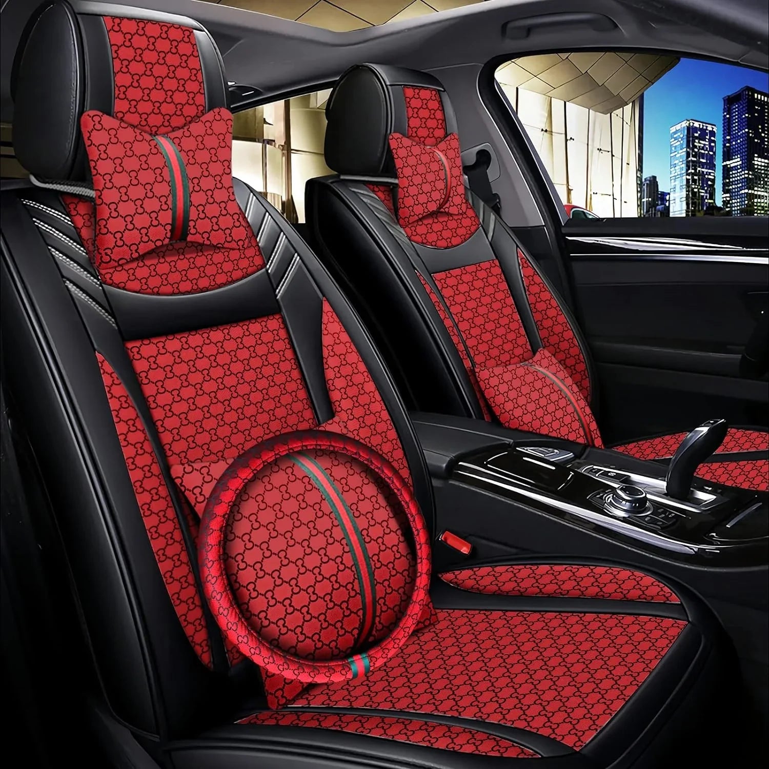 KABUQI Guc ci,same model Termination Luxury Seat Covers Full Set Leather Fit Automotive Seat Covers & Accessories for 5 Seat Cars SUV Pick-up Trucks, Pillows and Steering Wheel Cover Included(Gray)