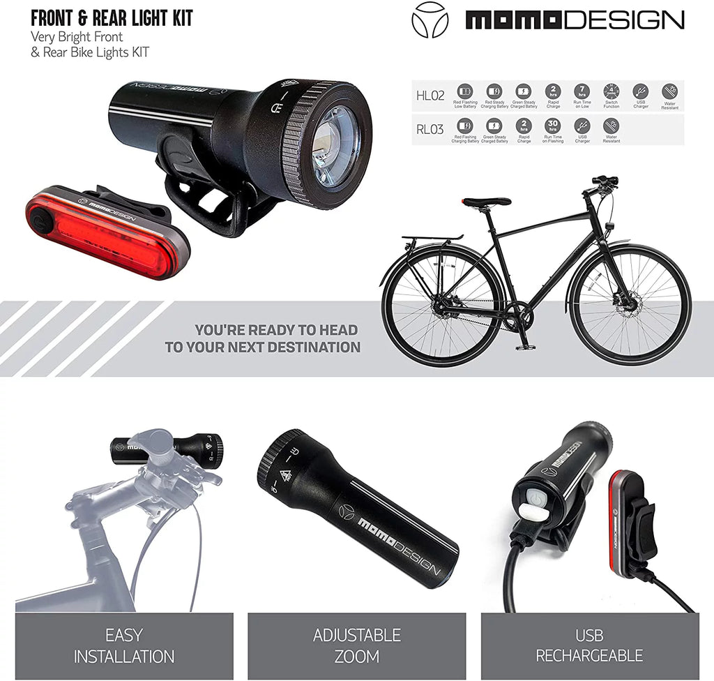 MOMODESIGN Bike Light KIT 300 USB Rechargeable, Headlight & Rear Light for Night Visibility, Weather Resistant, Designed for COMMUTERS