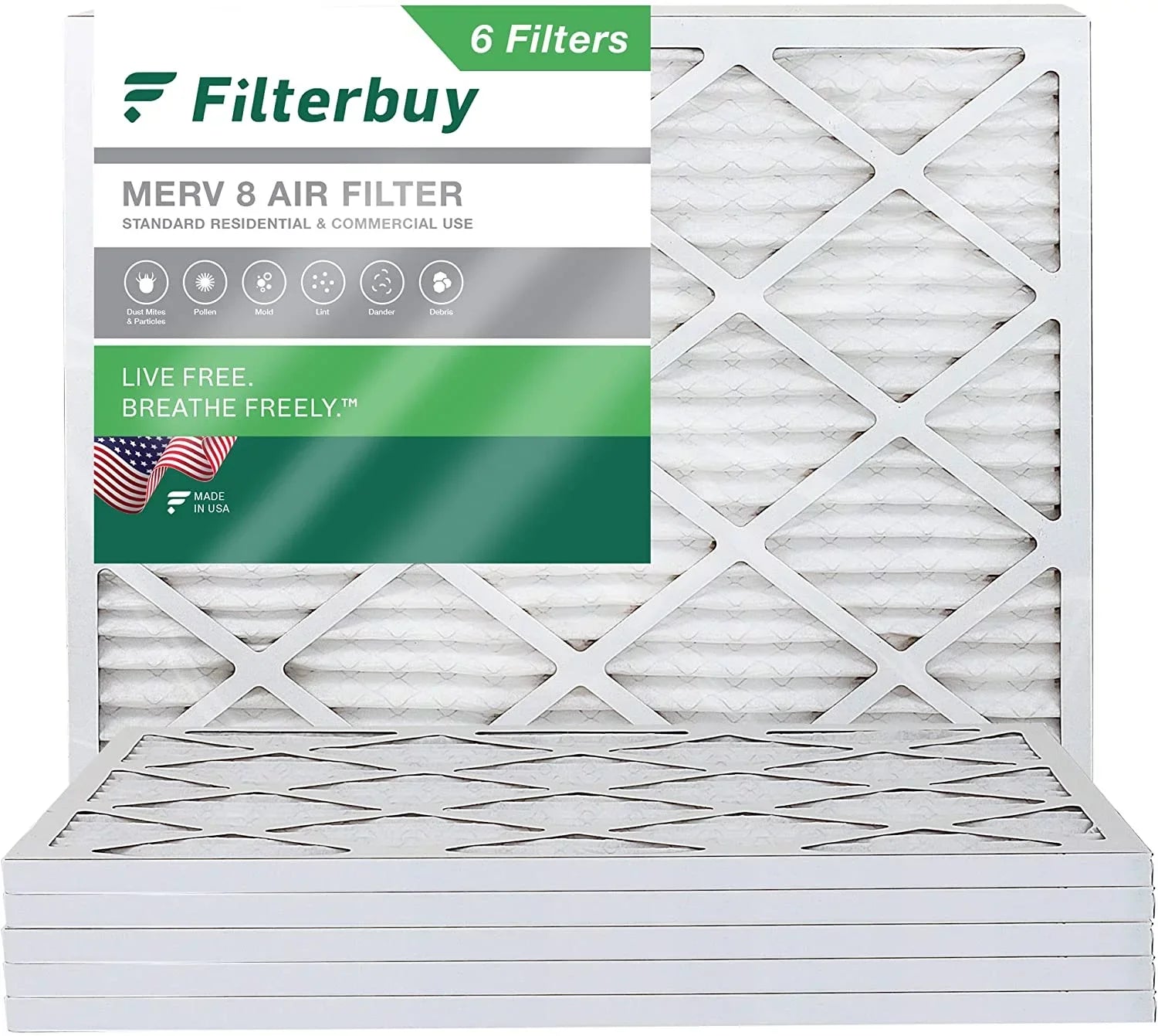 Filterbuy 15x20x1 MERV 8 Pleated HVAC AC Furnace Air Filters (6-Pack)