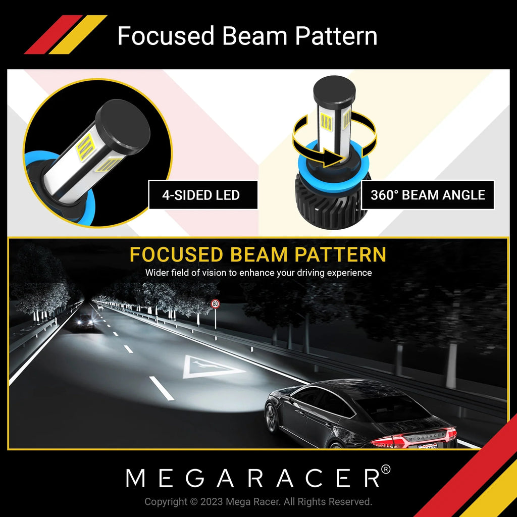 Mega Racer GMC Yukon 4 Sided H11 H9 H8 LED Headlight Bulbs 6000K Diamond White 12V 60W 10000LM GMC Yukon 2015 2016 2017 2018 2019 15 16 17 18 19 Low Beam Automotive People
