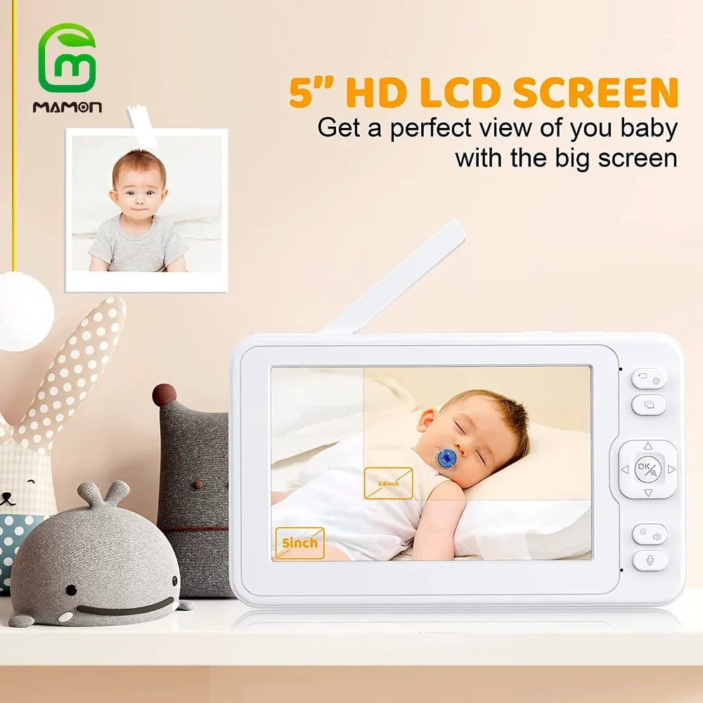 MAMON Video Baby Monitor with Camera and Audio 1080P 5" HD Display Two Way Talk PTZ Remote Large Battery Capacity