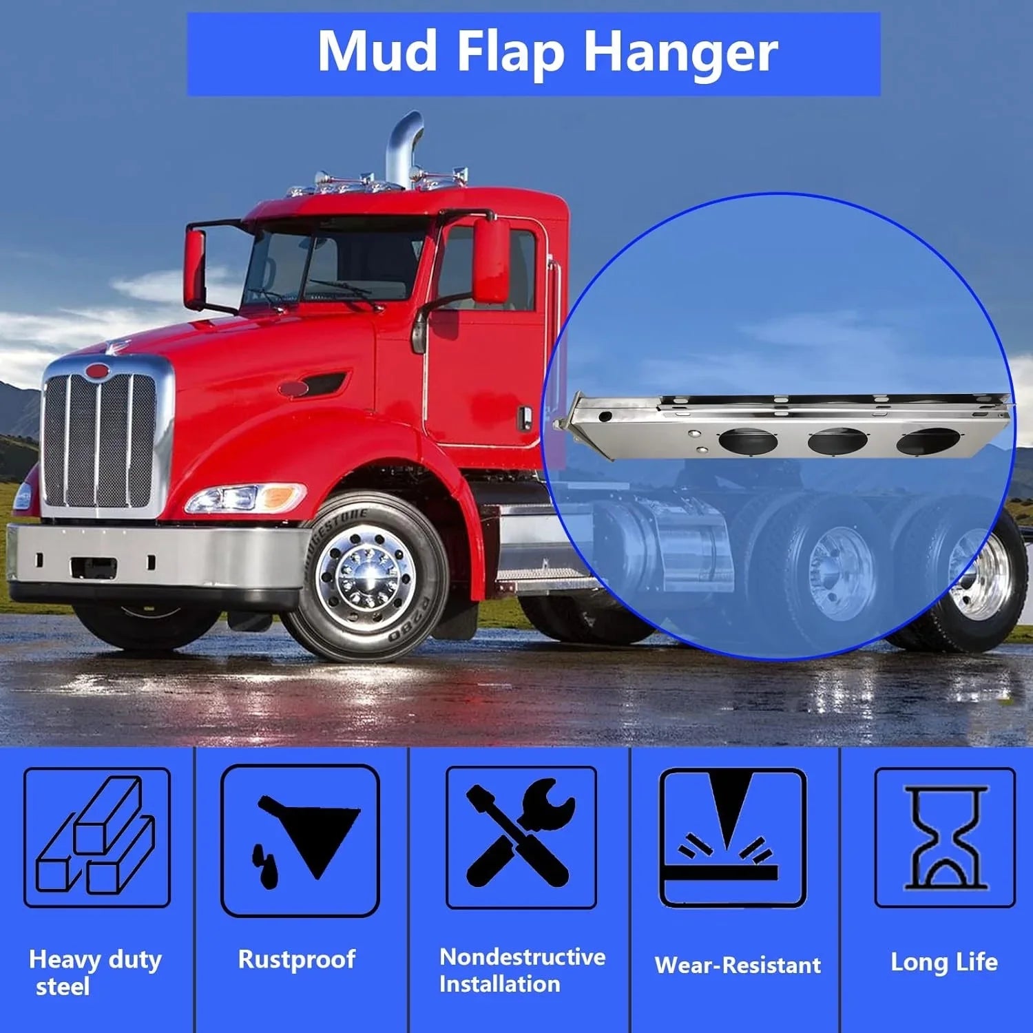 POWERWORKS Stainless Steel Straight Spring Loaded Mud Flap Hanger Bracket Mudflap Holder Set 2.5" Bolt Spacing 30" Length fit for Semi Trucks